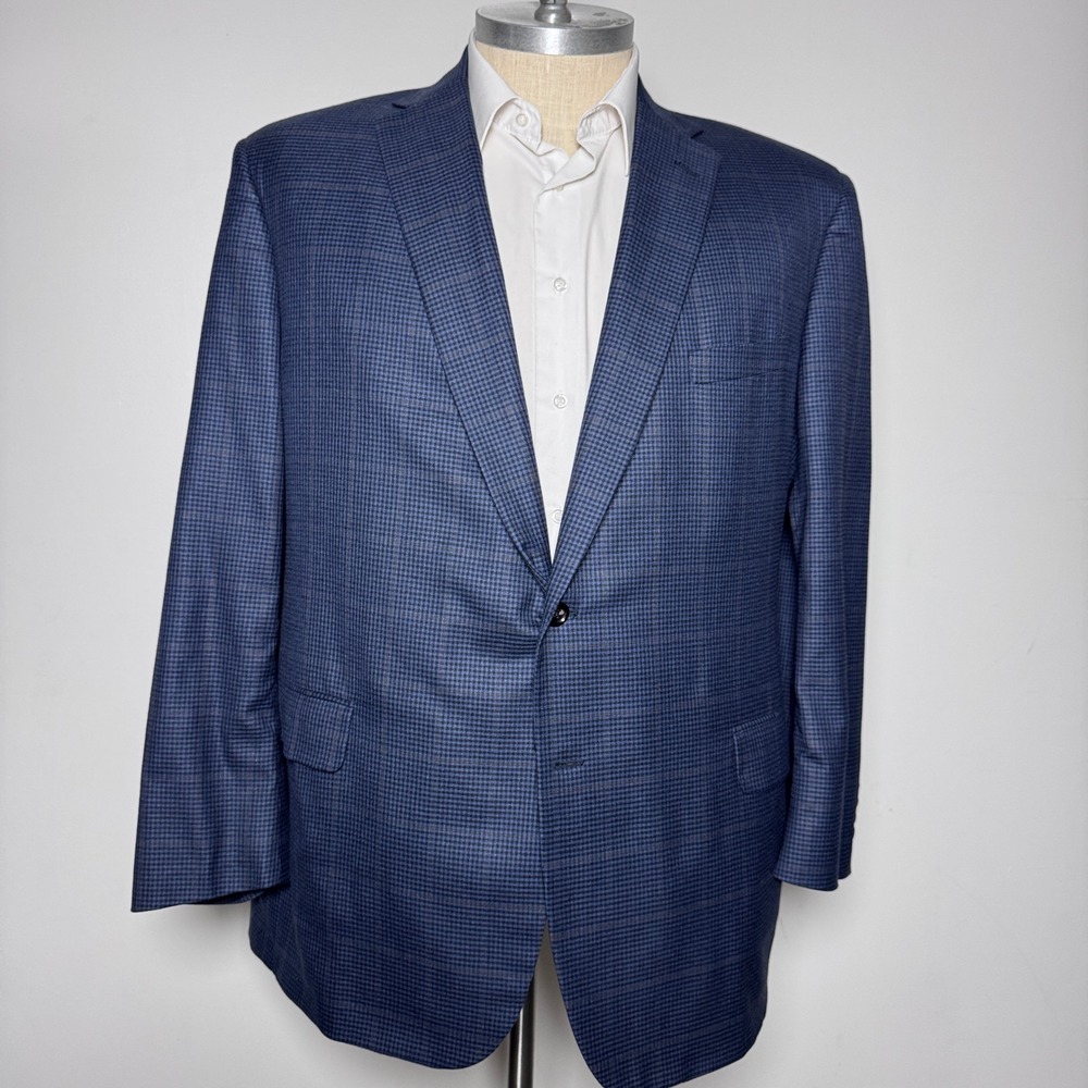 Tom James Blazer Mens 46L Blue Glen Plaid Wool Two Button Notch Lapel Jacket